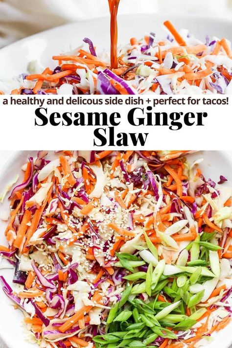 Asain Slaw, Coleslaw Healthy, Slaw Tacos, Slaw For Tacos, Ginger Slaw, Citrus Slaw, Asian Slaw Recipe, Asian Coleslaw, Sesame Ginger Dressing