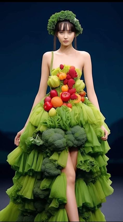 Fruit Photoshoot, Recycled Dress Ideas, Vegetable Dress, Get Rid Of Ticks, Vegetable Costumes, Cake Costume, Hunger Games Outfits, Fruit Costumes, Fashion Show Themes