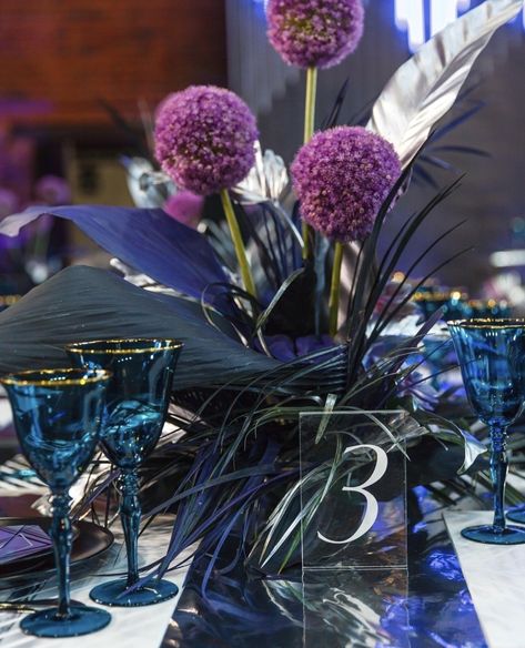 Outer Space Flower Arrangements, Galaxy Floral Arrangements, Galaxy Party Centerpiece, Asian Wedding Themes, Blue Purple Wedding, Engagement Themes, Floral Art Arrangements, Celestial Decor, Table Centerpieces Diy