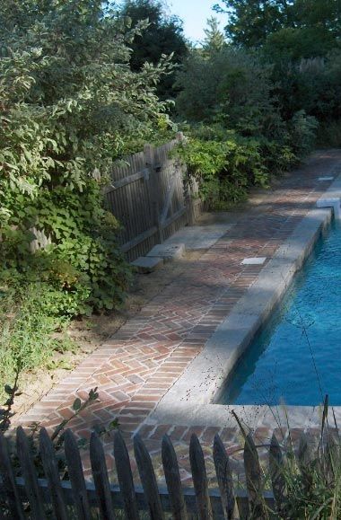 Herringbone Pool Deck, Bricks Around Pool, Old Chicago Brick Around Pool, Red Brick Pool, Sidewalk Design, Brick Paving Around Pool, Brick Patio Around Pool, Brick Pool, Pool Brick