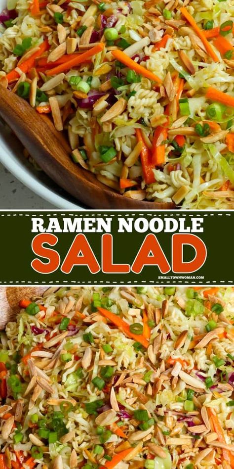 Here's an easy ramen noodle salad you just can't miss for your spring salad recipes! Learn how to make this best salad recipe loaded with cabbage, carrots, green onions, toasted almonds, and ramen noodles, all tossed in a garlic honey ginger dressing. Yum! Asian Salad Ramen, Crunchy Ramen Noodle Salad, Salad Asian, Ramen Salad, Small Town Woman, Ramen Noodle Salad, Noodle Salad Recipes, Ramen Noodle Recipes, Asian Salad