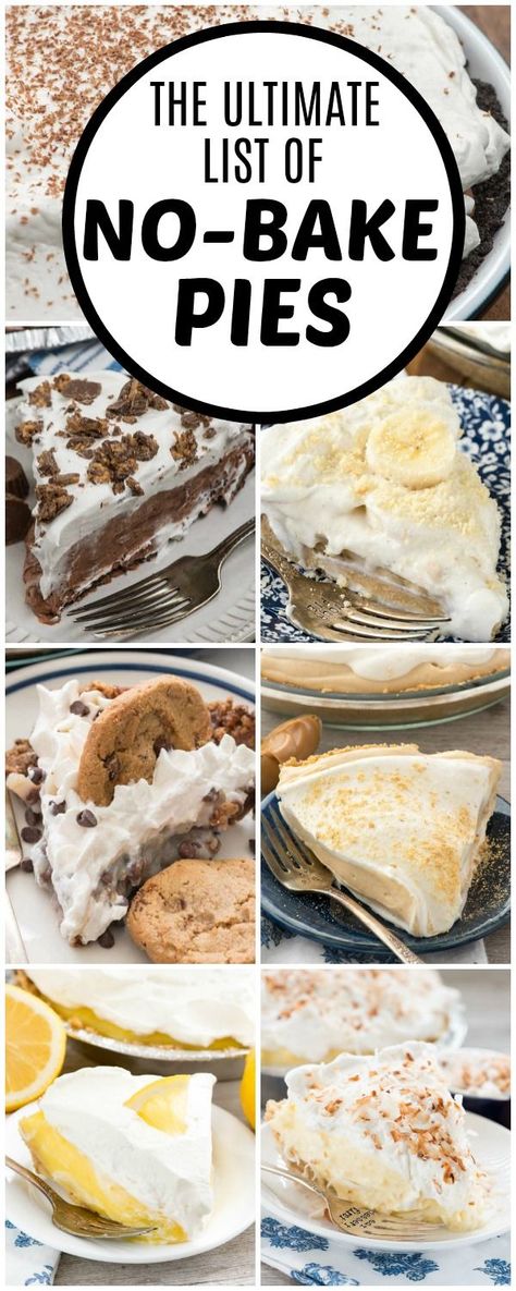 This is the ultimate list of No-Bake Pie Recipes! Find a ton of easy pie recipes, from Peanut Butter No-bake pie to chocolate and lemon and so many more no bake recipes! No Bake Recipes, No Bake Pie, Baking Recipes Pie, Favorite Pie Recipes, Peanut Butter No Bake, Easy Pie Recipes, Bake Recipes, Easy Pie, Easy No Bake Desserts