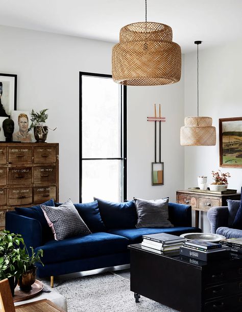 A Home That Bridges Past And Present With Style How To Style A Blue Velvet Sofa, Blue Velvet Sofa Styling, Ikea Artwork, Annie Portelli, Wicker Lighting, Blue Velvet Sofa Living Room, Cane Lights, Blue Sofa Living, Blue Sofas Living Room