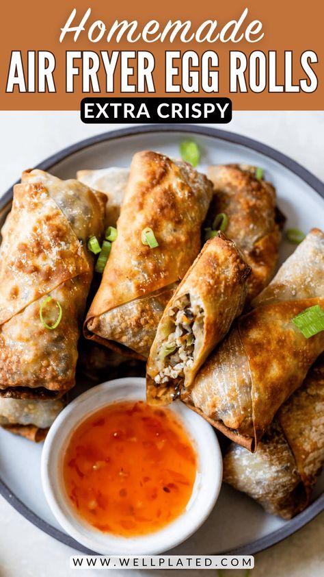 Homemade air fryer egg rolls are crispy on the outside, with a meaty, veggie-packed filling on the inside. A lighter way to enjoy egg rolls! Air Fryer Recipes Egg Rolls, Air Fryer Egg Rolls, Best Pressure Cooker Recipes, Homemade Egg Rolls, Pork Egg Rolls, Best Pressure Cooker, Egg Roll Recipes, Cooking Homemade, Air Fryer Dinner Recipes