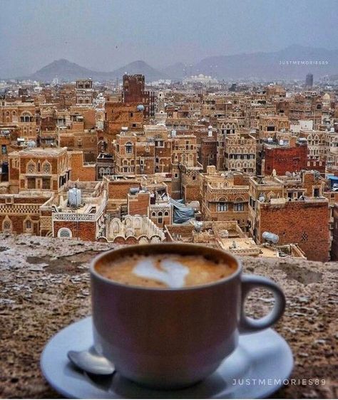 The brown layers on the roof of the houses are coffee beans, put there to dry under the sun. Yemen is famous for its good quality coffee, Mocha coffee brand derived its name from the ancient Yemeni seaport of Mocha at the red sea.🇾🇪 Yemen Travel, Felix Photo, Sanaa Yemen, Yemen Sanaa, Coffee Mocha, Hidden Lighting, Beach Cove, Coffee Brand, Mocha Coffee