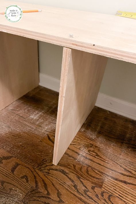 DIY Mud Room Part 1: DIY Mudroom Bench - Make it with Kate Mudroom Bench Depth, Mud Bench Diy, Diy Open Bottom Mudroom Bench, Mudroom Bench And Cabinets, Open Bottom Bench Diy, Laundry Room Seating, Easy Diy Mudroom Bench, Diy Drop Zone Plans, Simple Diy Mudroom Bench