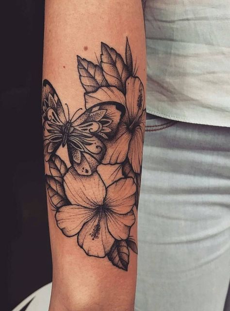 @hateuandurbrows Hibiscus And Butterfly Tattoo, Chris Tattoo, Butterfly Tattoos On Arm, Leopard Tattoos, Forarm Tattoos, Cat Tattoos, Inspiration Tattoos, Forearm Tattoo Women, Butterfly Tattoos