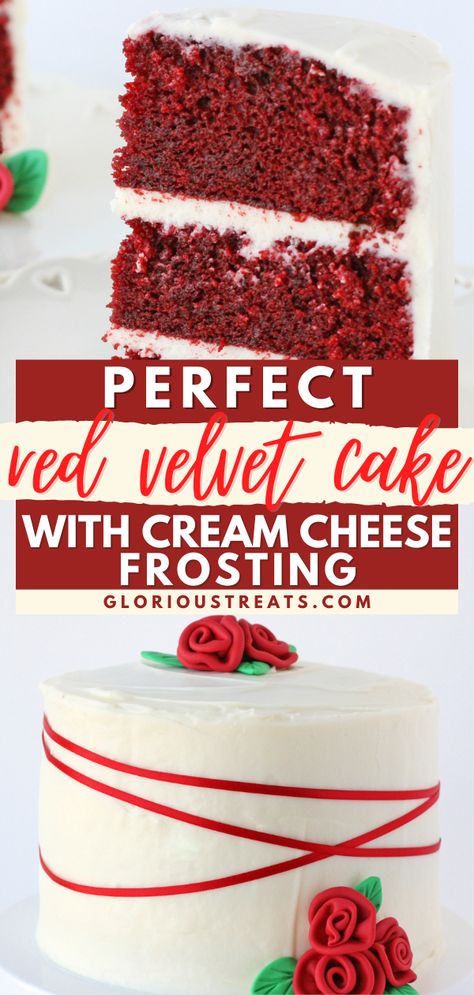 Perfect Red Velvet Cake with Cream Cheese Frosting, Valentine's dessert ideas, Valentine treats Homemade Red Velvet Cake, Light Chocolate Cake, Velvet Recipes, Best Red Velvet Cake, Cake Recipes For Beginners, Red Desserts, Cream Cheese Frosting Cake, 4 Cake, Giraffe Cakes