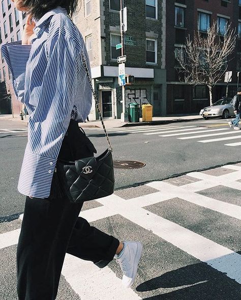 our Blue Stripe Oversize Sleeve Shirt✨! #pixiemarket #chanel #sporty #fashion #pixiemarket Oversize Shirt Outfit, Striped Shirt Outfits, Blue Striped Shirt Outfit, Parisian Style Outfit, Black Lace Up Flats, Outfits With Striped Shirts, Oversized Shirt Outfit, Black Culottes, Sporty Fashion