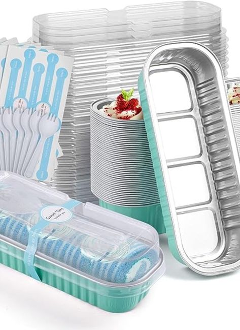 Mini Loaf Pans with Lids and Spoons- 50 Pack 6.8oz Aluminum Bread Cupcake Pie Foil Pans with Sealing Sticker, Rectangle Disposable Cake Tins Brownie Baking Cups for Picnics Party- Sky Blue Business Bakery, Mini Loaf Pan, Mini Loaf, No Bake Brownies, Picnic Party, Baking Cups, Loaf Pan, Cake Tins, Packaging Box