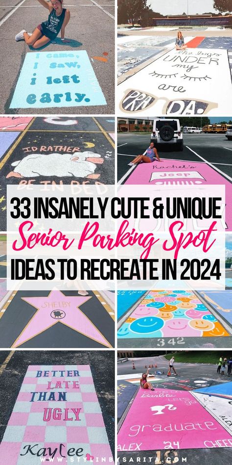 painted senior parking spot ideas How To Paint Senior Parking Space, Parking Space Painting Ideas Easy, Easy Parking Spot Painting Ideas, Unique Parking Spot Paintings, Parking Space Painting, Parking Space Painting Ideas, Cute Parking Spot Painting Ideas, Space Painting Ideas, Painted Parking Spaces Ideas