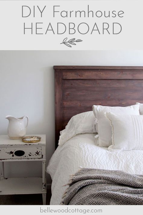 Join me at Bellewood Cottage to learn how to create your own DIY rustic headboard with simple (and inexpensive!) pine boards and milk paint. #BellewoodCottage #diyheadboard #milkpaint #farmhousestyle Diy Reclaimed Wood Headboard, Diy Board And Batten Headboard, Shaker Style Headboard Diy, Farmhouse Headboard Diy King Beds, Building A Headboard, Diy Headboard Ideas Easy Wood, Shaker Headboard, Build Your Own Headboard, King Size Headboard Diy