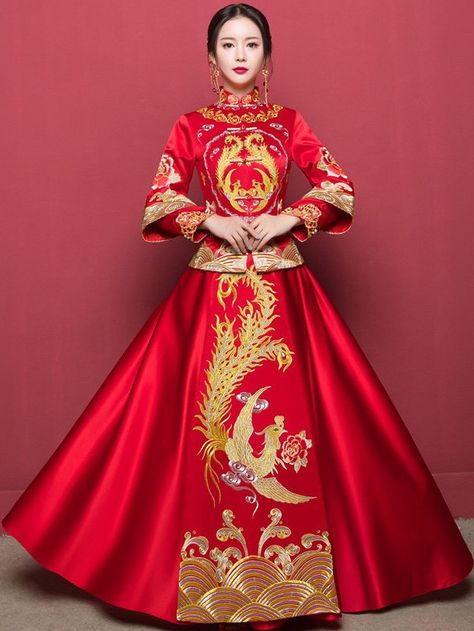 Phoenix Embroidered Wedding Qun Kwa with Long Sleeve Modern Chinese Clothing, Traditional Chinese Clothing Female, Plus Size 2022, Qun Kwa, Chinese Wedding Dress Traditional, Chinese Bride, Traditional Chinese Wedding, Chinese Traditional Costume, Chinese Wedding Dress