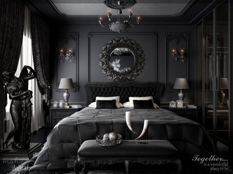 Elegant Black Bedroom.., mohd ashraf on ArtStation at https://www.artstation.com/artwork/8lRBRG Black Victorian Bedroom, Vs Bedroom, Dark Elegant Bedroom, Black Bedroom Design, Black Bedroom Decor, Gothic Ideas, Gothic Bedroom, Feminine Bedroom, Gentleman Aesthetic