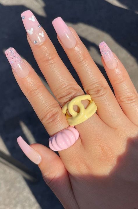 Subtle Disney Nails, Nails Mickey Mouse, Cute Disney Nails, Style Must Haves, Disney Acrylic Nails, Minnie Mouse Nails, Florida Nails, Spring Acrylic Nails, Pink Ombre Nails