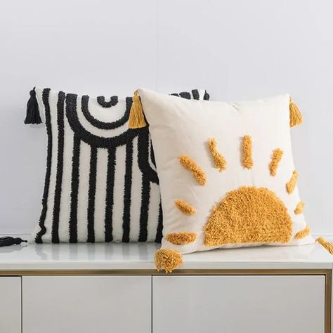 Two boho style cotton throw pillows, one is black and white, the other white with a yellow sun فن النسيج, Needle Cushion, Animal Print Pillows, Cat Pillow Cover, White Cushion Covers, Crochet Cushion Cover, Textured Throw Pillows, Cushion Cover Designs, Punch Needle Patterns