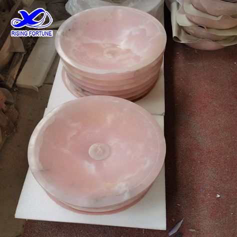 Different shapes of pink onyx basins or sinks in stock Rose Quartz Sink, Pink Onyx Bathroom, Pink Vessel Sink, Natural Stone Vessel Sink Bathroom, Stone Vessel Sinks, Outdoor Stone, Marble Stones, Vessel Sink, Stone Houses