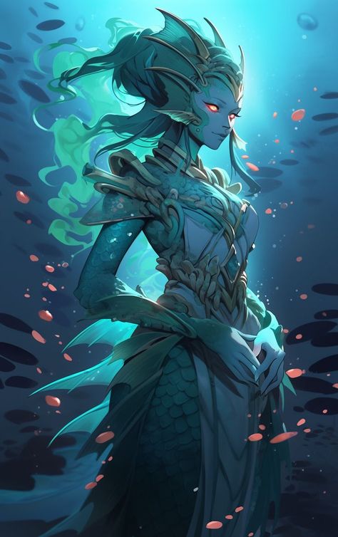 #naga Merfolk Warrior, Mermaid Priestess, Dnd Siren, Water Nymph Character Design, Naga Female, Merfolk Character Design, Sea Elf Female Dnd, Dnd Mermaid, Mtg Merfolk