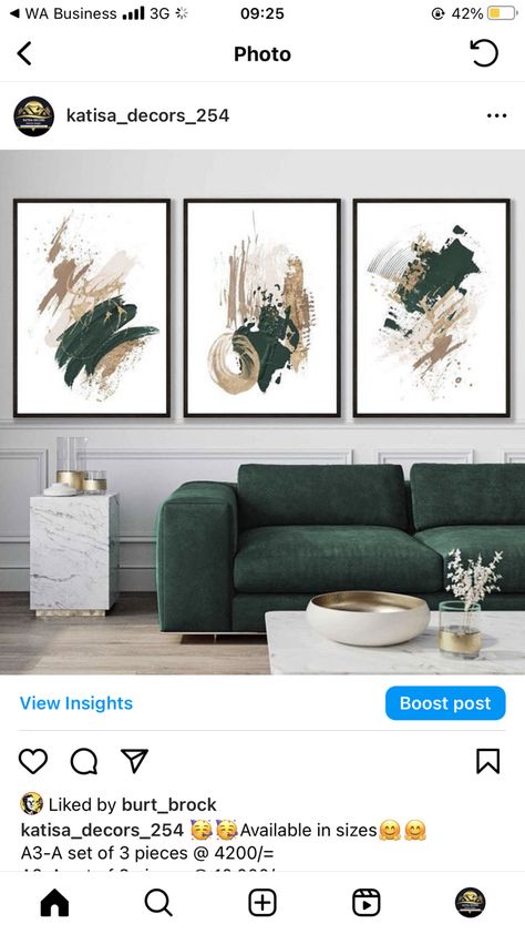 Contemporary Theme Living Room, Green Modern Painting, Black Olive Green And Gold Living Room, Abstract Wall Art Green, Green Theme Living Room, Green Beige Living Room, 3 Set Paintings Wall Art, Beige And Green Living Room, Green And Beige Living Room