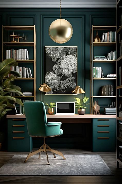 Green Office Design, Dark Green Office, Green Home Offices, Lakewood Colorado, Minimalist Living Room Ideas, Feminine Home Offices, Living Room Minimalist, Green Office, Room Minimalist