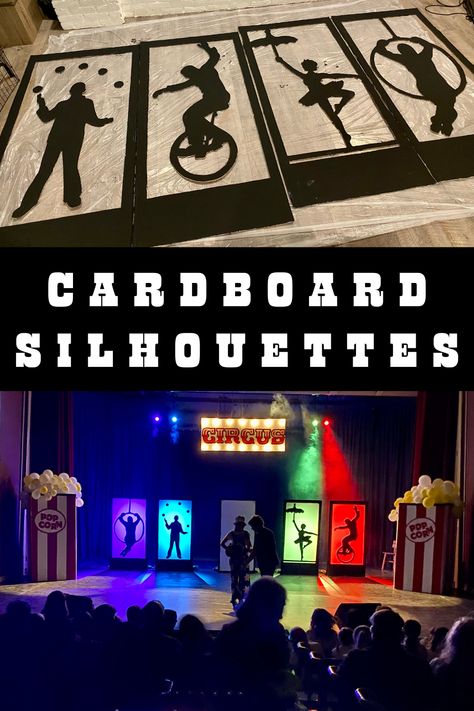 Photo Booth Carnival Theme, Big Top Circus Party Decorations, Circus Theme Pumpkins, Greatest Showman Set Design, Cardboard Silhouettes Diy, Carnival Photo Backdrop Ideas, School Carnival Decorations Diy, Carnival Booths Diy, Carnival Stage Decorations