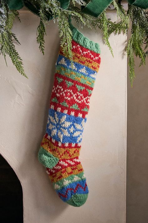 This hand-knitted wool stocking brings a bright burst of pattern to the mantel with a cheerful Nordic-inspired pattern. Intermediate Knitting Patterns, Knit Stocking, Wool Stockings, Advanced Knitting, Cable Knitting Patterns, Vintage Christmas Stockings, Dishcloth Knitting Patterns, Fair Isle Knitting Patterns, Christmas Stocking Pattern