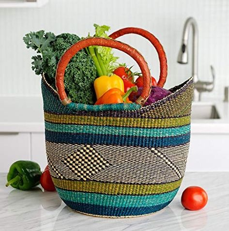 PRICES MAY VARY. DIMENSIONS: Due to being handmade, basket dimensions may vary slightly, by an inch to so, and will not be exact MULTI-USE: U shopper yikene can be used as a tote bag, Pool bag, groceries basket, decorative piece, shopping basket. great gift too HANDMADE: We keep alive a beautiful tradition of handwoven belly baskets, passed down from generations of Artisans in Ghana. Made of 100% sustainable natural organic elephant grass with goat leather handle. Supports impoverished farmers i Grocery Basket, Beach Basket, Grass Basket, Bolga Basket, African Market, Pool Bags, Market Baskets, African Baskets, Woven Basket