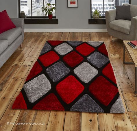 Melio Grey Red Rug, a modern geometric design shaggy rug in shades of grey, black, red & silver (2 sizes) http://www.therugswarehouse.co.uk/shaggy-rugs/noble-house-shaggy-1/melio-grey-red-rug.html Red And Gray Rugs, Red Area Rug Modern, Red And Black Rugs, Red Shaggy Rug, Red Shag Area Rug, Shaggy Rugs, Room Visualizer, High Pile Rug, Deep Seat Cushions