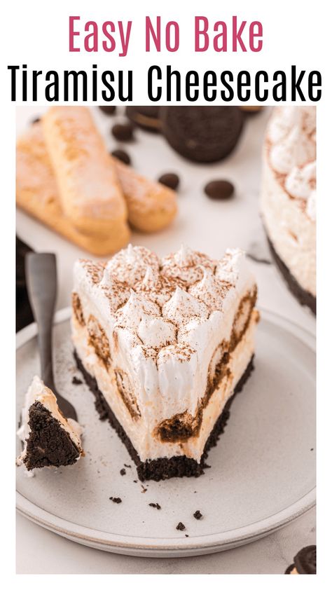 If you love classic Tiramisu, then you will love this twist on the classic Italian dessert - a Tiramisu cheesecake. This no bake cheesecake has an a Oreo cookie crust, mascarpone creamy cheesecake filling, and espresso soaked lady fingers. It's everything you love about Tiramisu but in a no bake cheesecake form. It's two desserts in one! Perfect make ahead dessert for the holidays! This Tiramisu cheesecake is an easy no bake cheesecake. No water bath required! Cheesecake No Water Bath, Overnight Monkey Bread, Easy Red Velvet Cupcakes, Classic Tiramisu, Tiramisu Cheesecake, Easy No Bake Cheesecake, Oreo Cookie Crust, Italian Dessert, Make Ahead Desserts