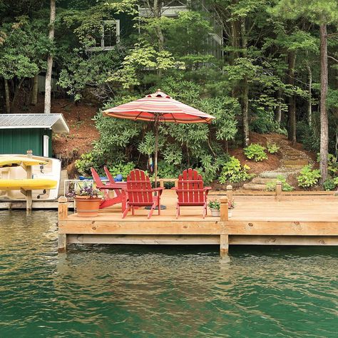 How one couple turned a run-down Georgia lake house, cottage, cabin into the makeover retreat of their dreams. Dock Ideas Lakeside, Cabin Makeover, Dock Ideas, Lake Dock, Lakeside Cabin, Lakeside Living, Lakeside Cottage, Lake Living, Boat House