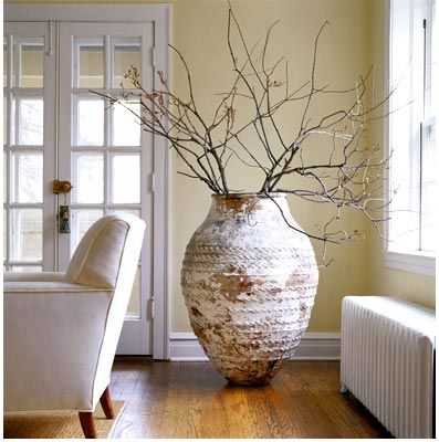 natural rustic and gorgeous urn with twigs Floor Vase Decor, Large Floor Vase, Olive Jar, Big Vases, Deco Nature, Floor Vase, Large Pots, Large Vase, Pottery Vase