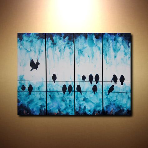 Large abstract art bird on a wire painting 24x32 tetraptych multiple canvas art fluid acrylic Multi Canvas Painting Ideas, Multiple Canvas Art, Turquoise Art Canvas, Multi Canvas Painting, Multiple Canvas Paintings, Canvas Art Ideas, Kids Canvas Art, Canvas Painting Ideas, Kids Canvas