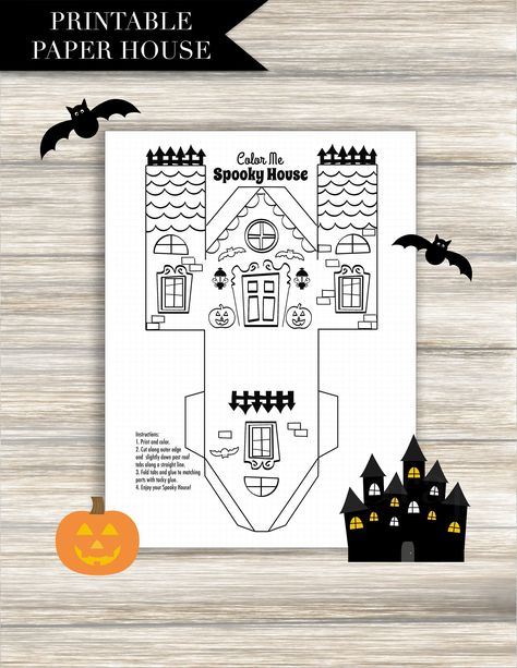 Kids Halloween House Printable: Halloween, paper house, spooky house, haunted house, coloring page, cut out, foldable, instant download Haunted House Coloring Page, Haunted House Coloring, Class Party Activities, Kids Halloween Activity, Coloring Halloween, House Printable, Casa Halloween, Halloween Paper Crafts, Fall Art Projects