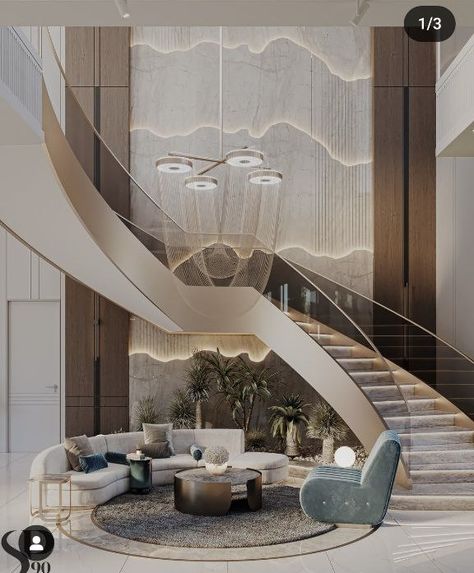 Modern Stairway Design, Ceiling Design With Chandelier, Duplex Wall Design Stairs, Stair Lobby Ceiling Design, Double Height Lobby With Staircase, Duplex Round Staircase Design, Luxury Duplex Staircase Design, Duplex Stairs, Mansion Stairs Grand Staircase