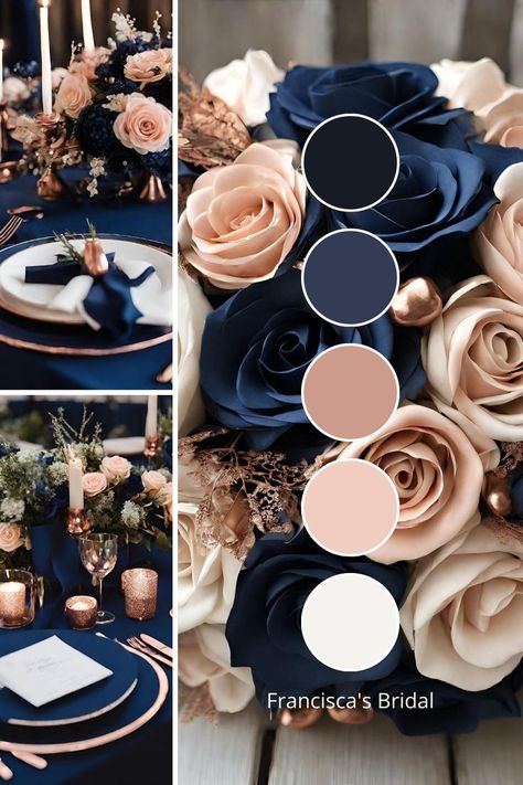 Navy Cream Wedding Color Schemes, Navy And Dusty Rose Wedding Colors, Navy Blue And Rose Gold Color Palettes, Different Color Schemes For Weddings, Mauve And Navy Blue Wedding Colors, Season Wedding Ideas, Different Wedding Colors Colour Palettes, Navy Blue Maroon And Rose Gold Wedding, Navy Blue Wedding Scheme Colour Palettes