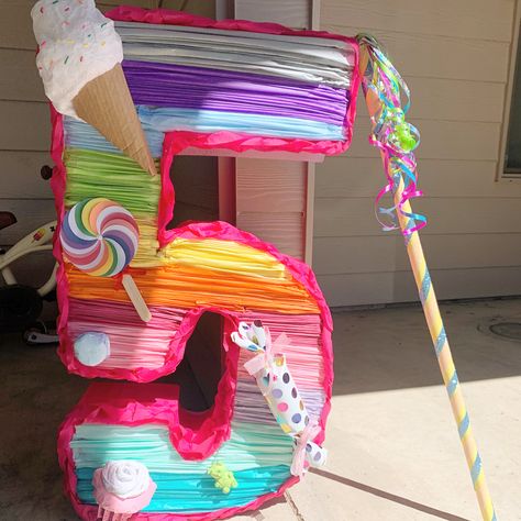 Handmade number 5 piñata. Candy land theme birthday decor. Pinata Candy Ideas, Candy Theme Pinata, Candy Pinata, Pinata Candy, Piñata Ideas, Number Five, Candy Theme, Candy Land Theme, 6th Birthday