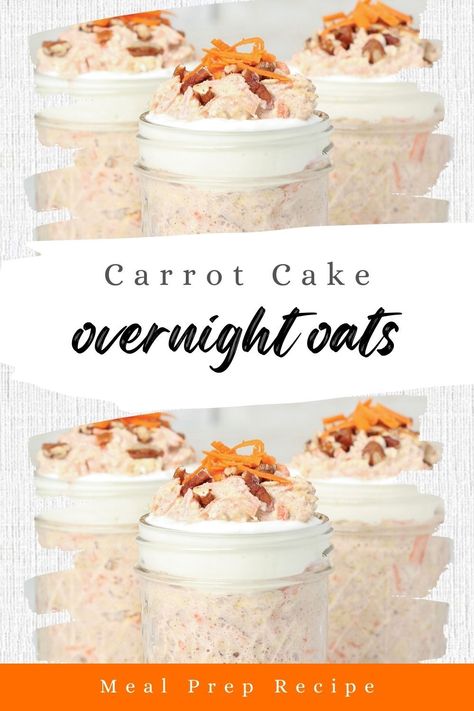 Carrot Cake Overnight Oats are a high protein breakfast. A healthy recipe that can be meal prepped easily. Simple Carrot Cake, Carrot Cake Overnight Oats, Cake Overnight Oats, Oatmeal In A Jar, Oatmeal Breakfast Cookies, Easy Overnight Oats, Baked Oatmeal Cups, Easy Carrot Cake, Sweet Carrot