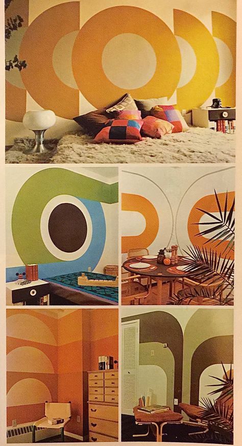 1974 Supergraphic System | Hepcats Haven Mid Century Living Room Wall Decor, Groovy Salon Aesthetic, 70s Design Interior, Mid Century Mural, 70s Home Decor 1970s Interior Design, 70s Mural, 70s Wall Mural, 1970s Interior, 70's Decor