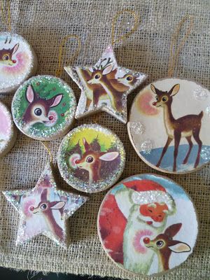 Love this idea but I don't know if I could cut up an old Christmas book??? Diy Retro Christmas Ornaments, Diy Christmas Card Ornaments, Book Ornaments, Crackle Medium, Card Ornaments, Christmas Ornament Ideas, Books Diy, Retro Paper, Retro Christmas Decorations