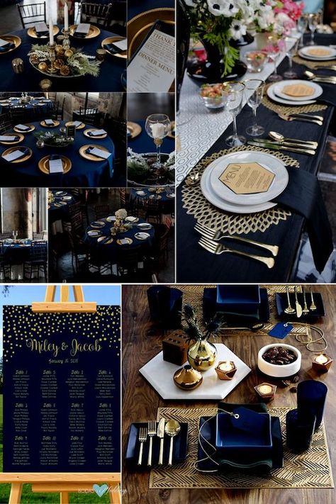 Navy blue and gold. Impressive, non-traditional wedding ideas. Add navy blue with gold lettering to your seating chart and helps guests find their seats in style. Navy Blue Wedding Color Schemes, Blue And Gold Decor, Navy Blue Wedding Theme, Wedding Color Schemes Blue, Blue And Gold Wedding, Navy Blue And Gold Wedding, Wedding Wallpaper, Popular Wedding Colors, Starry Night Wedding