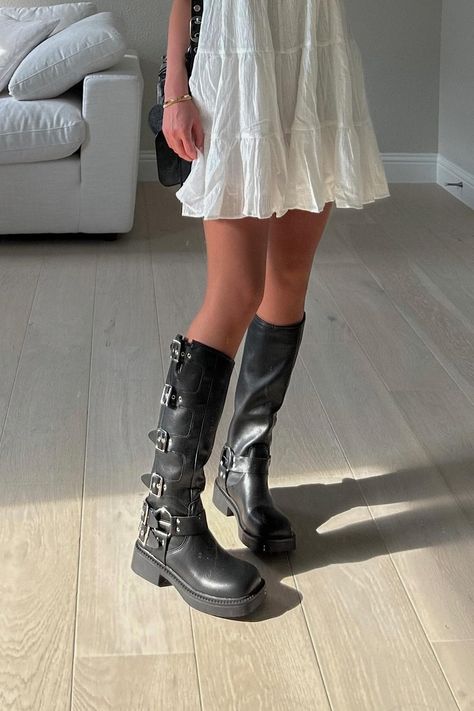 Dress With Biker Boots, Biker Shoes Women Outfit, Tall Biker Boots Outfit, White Biker Boots, Mui Mui Boots Outfit, Tall Boots Outfit Midsize, Knee High Buckle Boots, White Dress Boots Outfit, Biker Boots Aesthetic