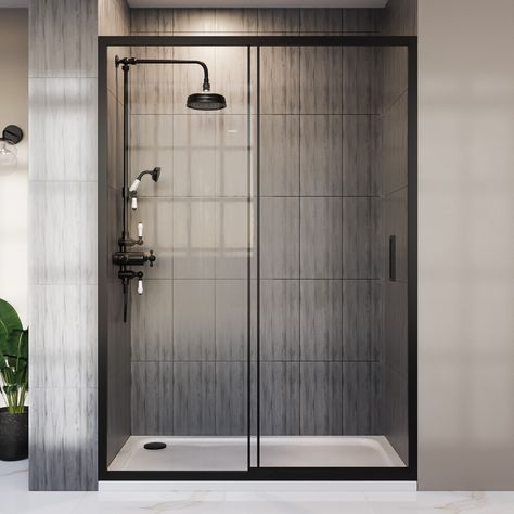 Black Shower Door, Sliding Shower Screens, Sliding Shower Doors, Black Shower Doors, Bathroom Shower Enclosures, Shower Sliding Glass Door, Shower Spray, Modern Bathrooms, Sliding Shower Door