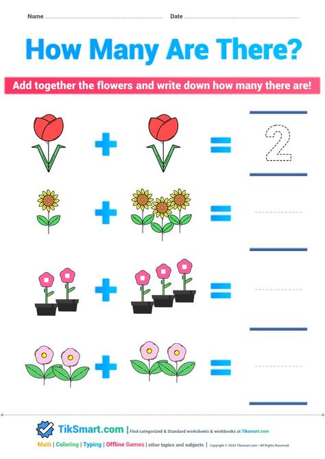 Addition within 5 — Math worksheet How many are there flowers Addition within 5 kindergarten preschool printable worksheet simple adding (sums) single digit numbers This worksheet will give him practice with counting and simple addition. The picture diagrams make practicing addition fun and easy! Try some basic counting and adding with your young learner! Your future health nuts will enjoy working on their math skills by completing this worksheet! Adding Numbers Kindergarten, Daycare Worksheets, Addition With Pictures, How Many Are There, Adding Worksheets, Adding Numbers, Numbers Kindergarten, Printable Preschool Worksheets, Math Coloring