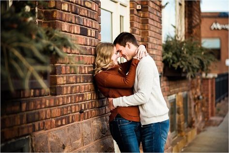 Fall engagement session by downtown brick wall | Maddie Peschong Photography Engagement Photography Outfits, Best Engagement Photos, Couple Photography Winter, Country Engagement Pictures, Cute Country Couples, Fall Engagement Pictures, Engaged Couples Photography, Engagement Photos Country, Mountain Engagement Session