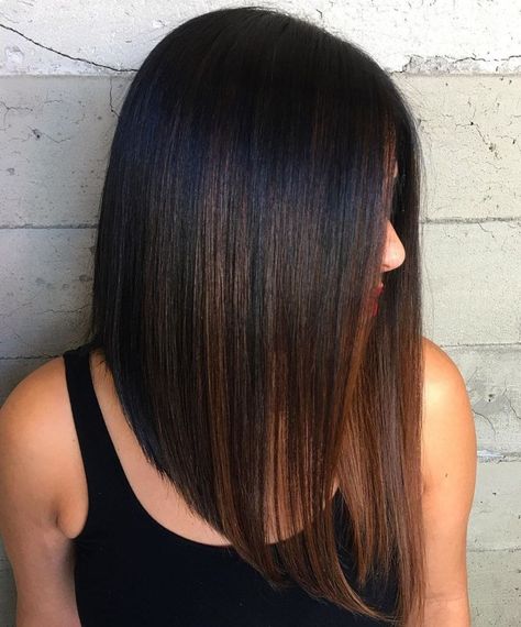 Black Sleek Angled Lob With Brown Balayage Shoulder Length Hair Bob With Layers, Very Long Bob, Longbob Hair, Aline Bob, A Line Haircut, Straight Lobs, Line Bob Haircut, Angled Bob Haircuts, A Line Bobs