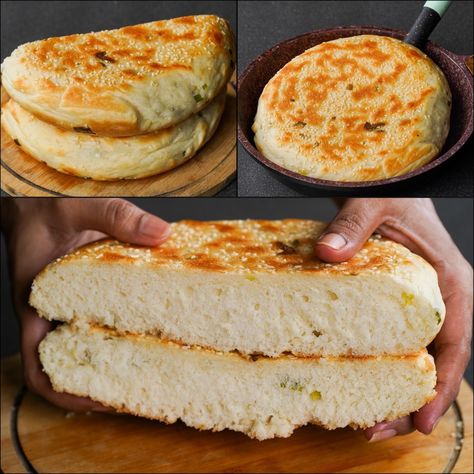 N'Oven - Non Veg - Bread In Fry Pan | Super Spongy & Soft Green Onion Bread | Eggless Delicious Spring Onion Bread Frying Pan Bread, Green Onion Bread, Stovetop Bread, Savoury Loaf, Stovetop Meals, Pan Fried Bread, Fried Bread Recipe, Sticky Buns Recipes, Bread Sauce