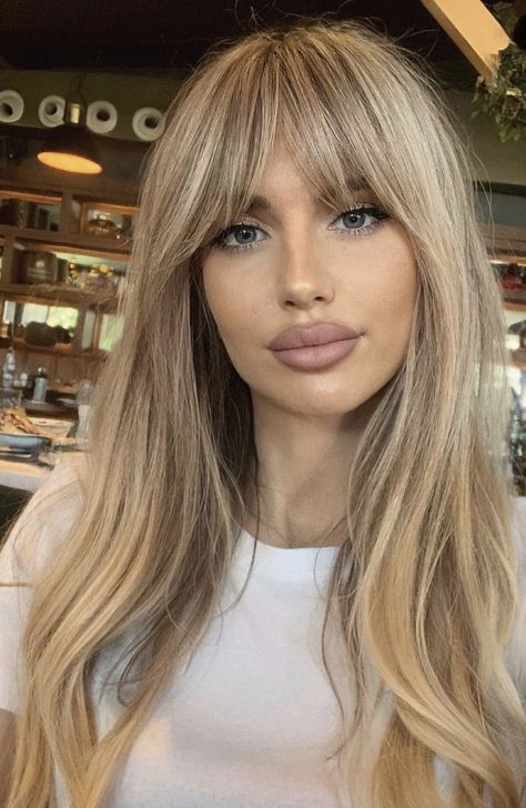 Blonde Hair Balayage With Bangs, Long Blonde With Fringe, Blonde Highlights On Brown Hair With Curtain Bangs, Blonde And Bangs, Wispy Curtain Bangs Medium Hair Layers, Dark Blonde Hair With Fringe, Hair 2024 Fall Trends, Blonde Hair Fringe Bangs, Draped Bangs