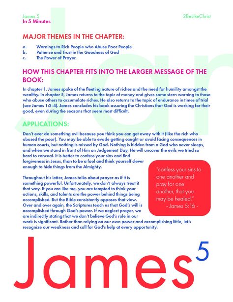 A short Bible study of James 5. These outlines are intended to summarize the key information from each chapter in just 5 minutes. The outlines are available for download for FREE on our website. The Book Of James Bible Study, Book Of James Bible Study, James Bible Journaling, James Bible Study, Bible Study James, Girl Bible Study, Reading Bible, Journal Bible Quotes, Bible Studying