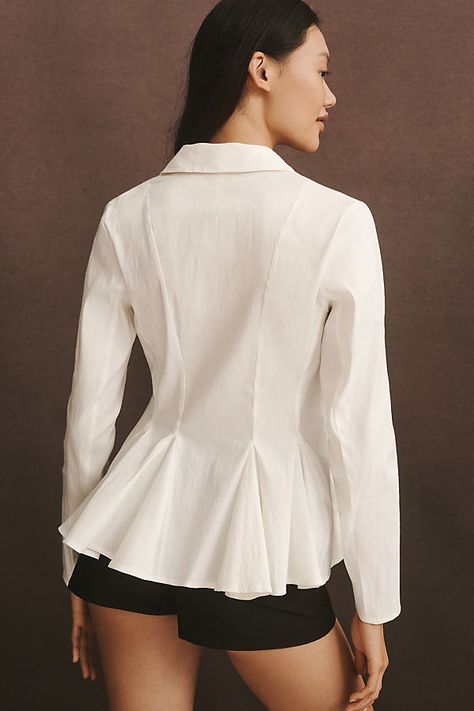 Linen, polyamide, elastane Button front Dry clean Imported | Long-Sleeve Collared Linen Peplum Blouse by Anthropologie in White, Women's, Size: Large, Linen/Polyamide/Elastane Button Down Shirts For Women, Collared Cotton Blouse, Peplum Shirt, Soft Gamine, Peplum Tops, Peplum Shirts, Zip Collar, Nyc Shopping, Soft Classic