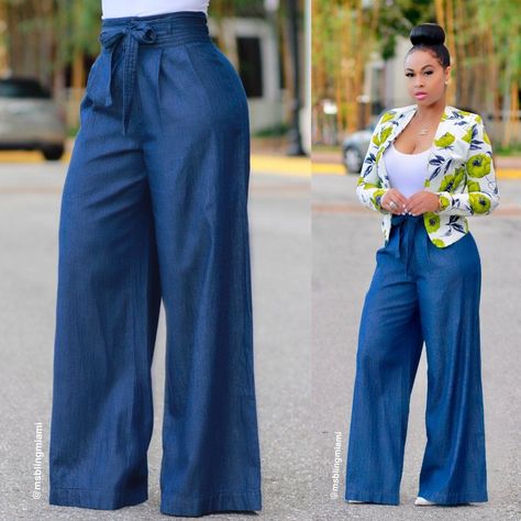 b132ecc1609bfcf302615847c1caa69adesc34837661ri Denim Palazzo Pants, Denim Palazzo, Denim Pants Outfit, Palazzo Pants Outfit, Celana Fashion, High Waisted Pants Outfit, Gaun Fashion, Outfit Trends, Latest African Fashion Dresses